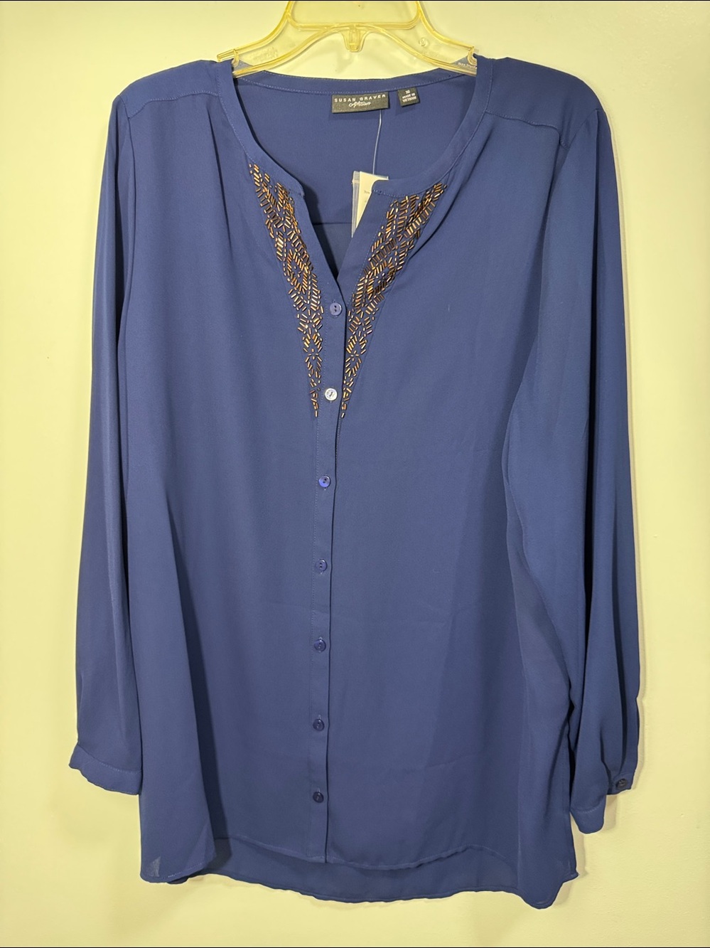 Susan Graver LS Blue Beaded V-Neck Button Front Blouse Size 16 NWT